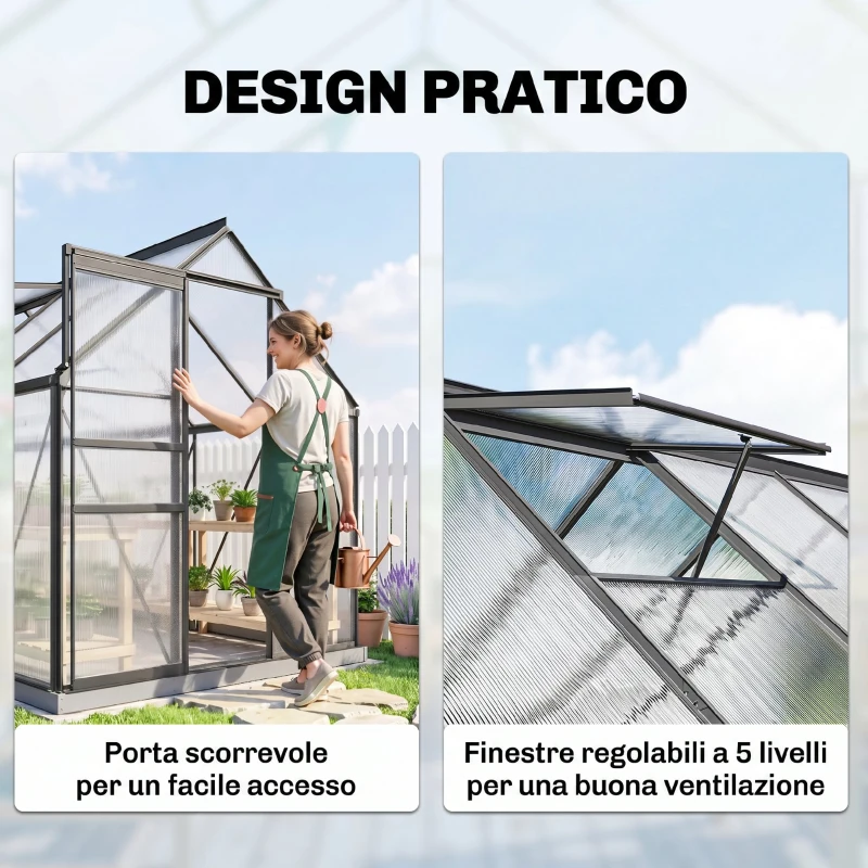 Outsunny Serra da Giardino in Policarbonato con Telaio in Lega di Alluminio 7.1㎡, con Grondaie, Finestre Apribili Regolabili, Porta Scorrevole