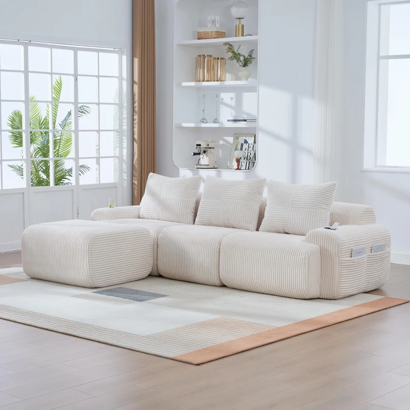 Corduroy Sectional Sofa with Built-in Cup Holders and Side Storage Pockets, 3-Seater Modular Sofa with Ottomans, 268L x 174W x 80H cm, Beige