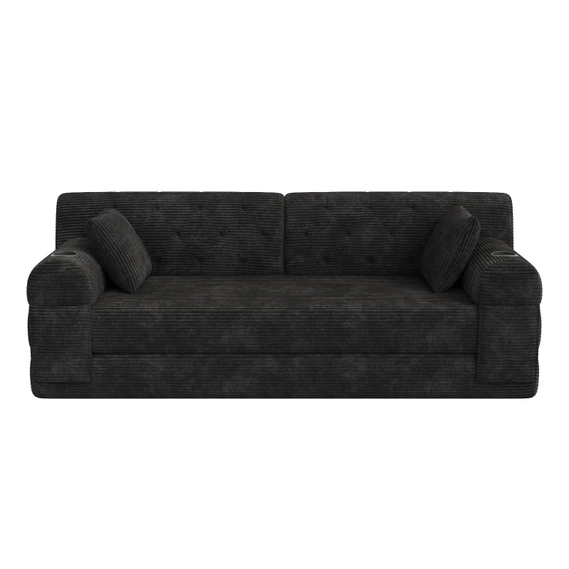Cozy Sleeper Sofa with High-Density Foam and Soft Corduroy, Convertible Couch for Living Rooms and Small Spaces, 208L x 80W x 81H cm, Black