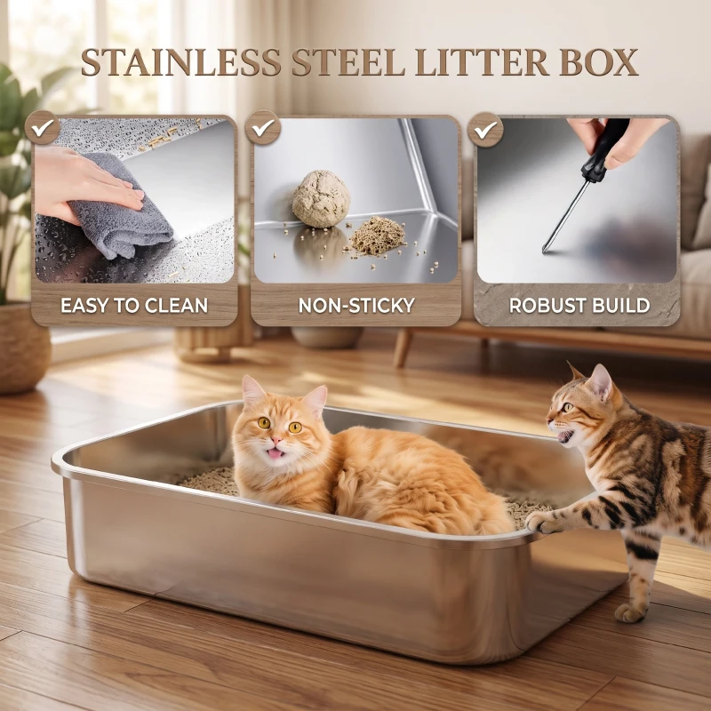 PawHut Lettiera per Gatti Chiusa XXL in Acciaio Inox, Coperchio Apribile a 90° e Doppie Porte, 70x50x46.5 cm, Grigio