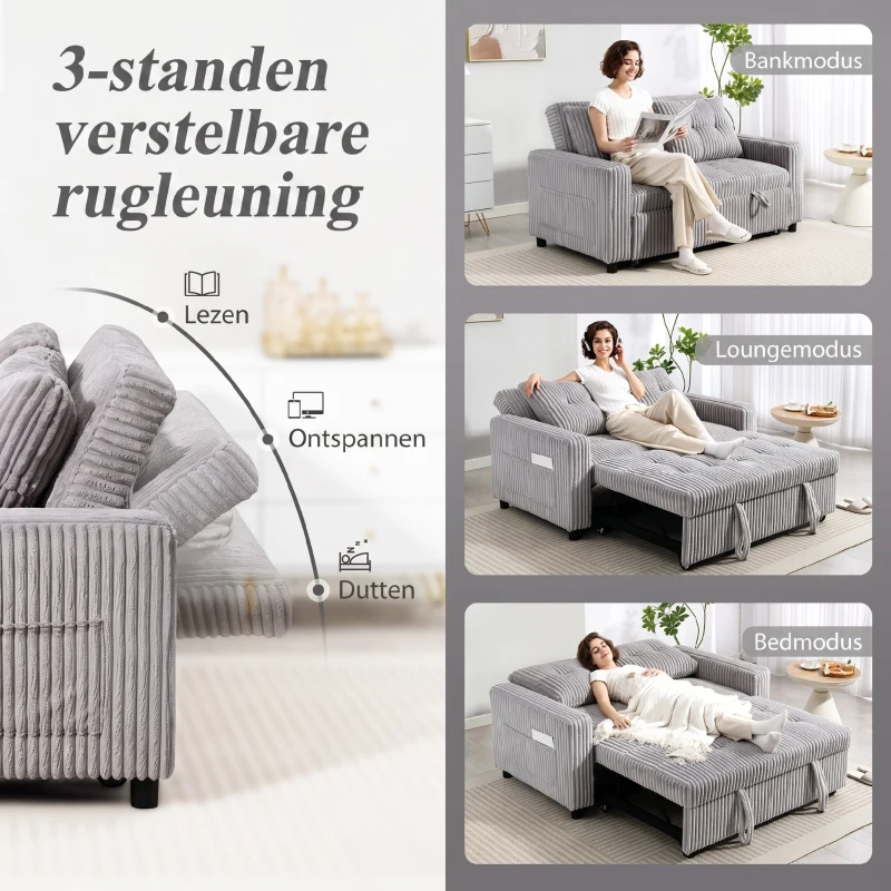 HOMCOM 2-zits slaapbank met cordbekleding, om te bouwen tot bed, 2 kussens, zijvakken, 157 x 190 cm, lichtgrijs