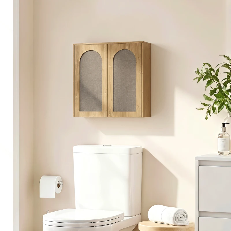 HOMCOM Armario mural de baño bohemio con 2 puertas efecto ratán de cierre suave y estantería regulable, roble