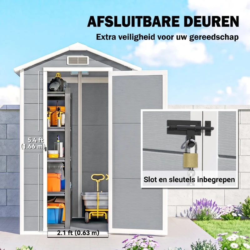 Outsunny Tuinschuur, Kunststof Tuinhuis met Vloer, Venster, Vergrendelbare Deuren, voor Tuin, 131B x 186D x 198H cm, Grijs