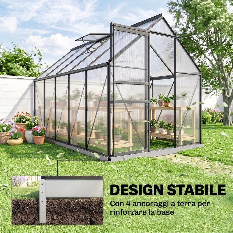 Outsunny Serra da Giardino in Policarbonato con Telaio in Lega di Alluminio 7.1㎡, con Grondaie, Finestre Apribili Regolabili, Porta Scorrevole