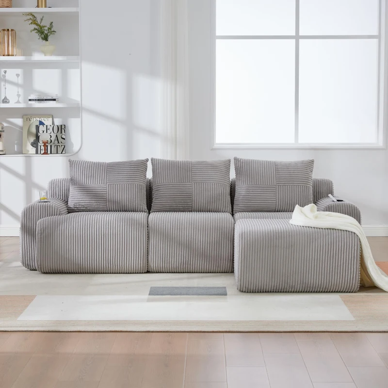 3-Seater Modular Sofa with Ottomans and Side Storage Pockets, Corduroy Sectional Sofa with Integrated Cup Holders, 268L x 174W x 80H cm, Light Gray