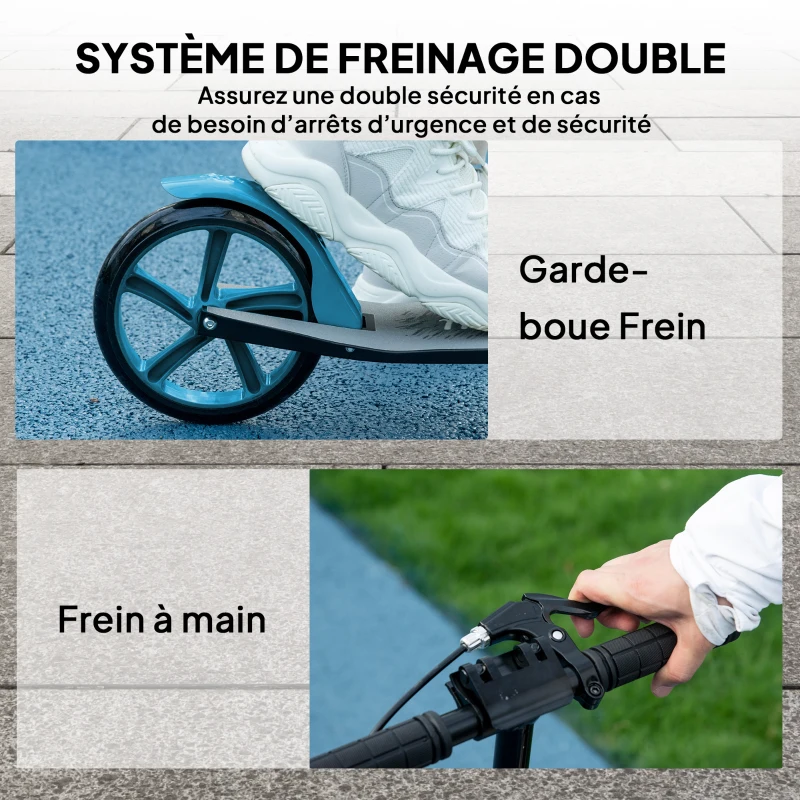 HOMCOM Trottinette Pliable pour Adultes 14+ Ans, Guidon Réglable, Grandes Roues, Amortisseur, Aluminium, 91,5x36,5x104cm, Bleu