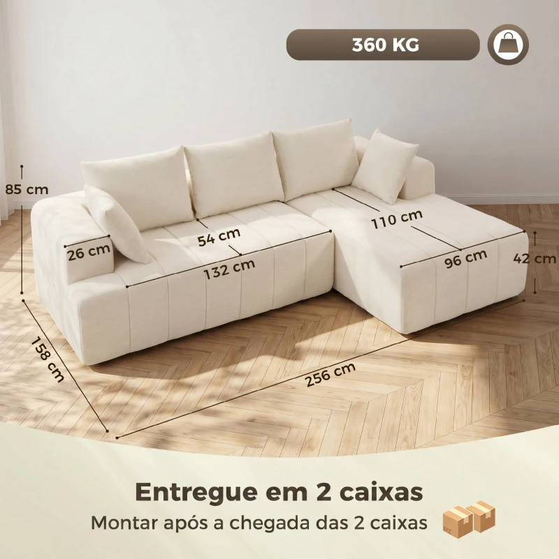 HOMCOM Sofá de Canto 256 cm com Chaise Longue Sofá Cama 3 Lugares em Chenille Formato em L Assento e Apoios de Braço Largos Bege