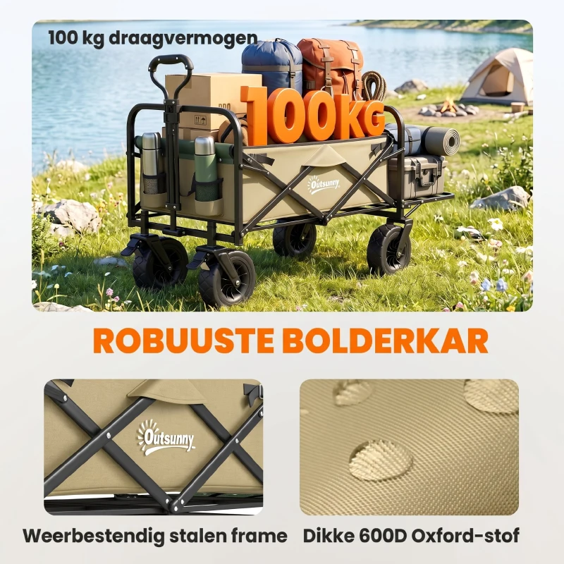 Outsunny Opvouwbare Bolderkar, 110 L, tot 100 kg, Telescopische handgreep, Stalen frame, 94 x 57 x 77-100 cm, Khaki