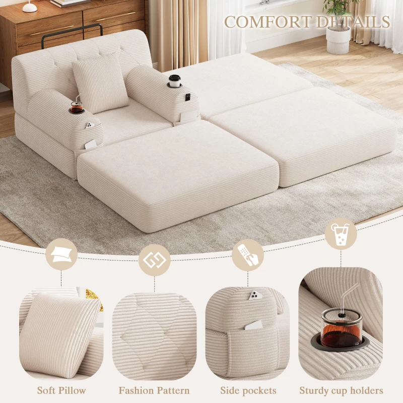 Corduroy Sleeper Chair with Ottoman and Metal Frame, Convertible 1-Seater Sofa Bed with High Backrest, 107L x 162W x 81H cm, Beige