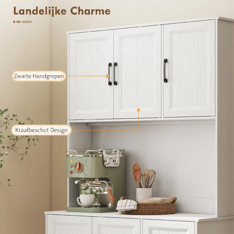 HOMCOM Keukenkast, 180,5 cm, voorraadkast, werkblad, kabeldoorvoer, verstelbare planken, MDF, Wit(m-6)