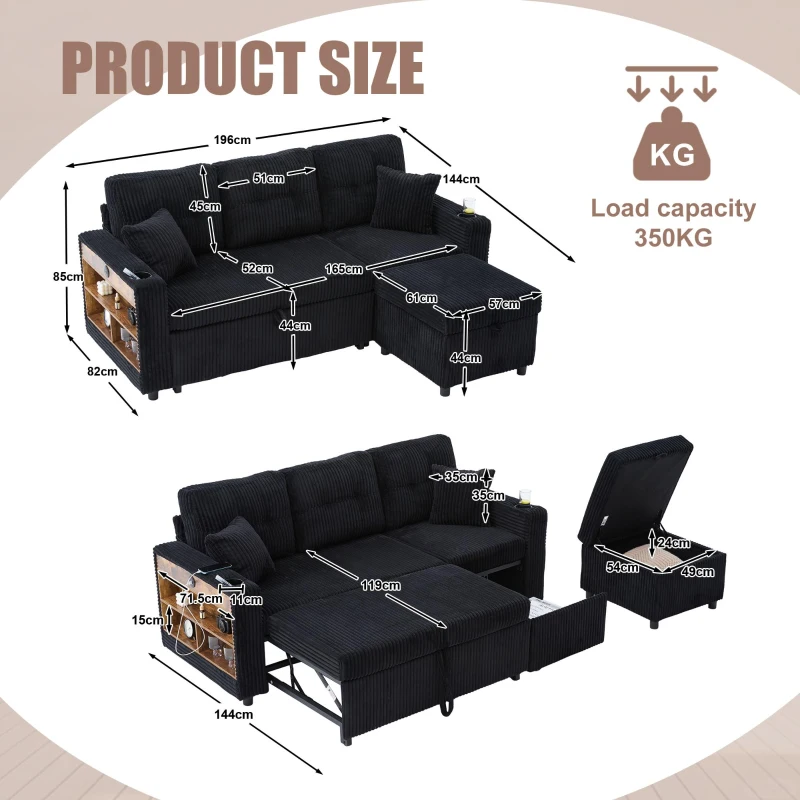 Multifunctional Corduroy Sofa Bed with Hidden Storage, LED-Lighted Guest Couch for Family Film Nights, 196L x 82W x 85H cm, Black