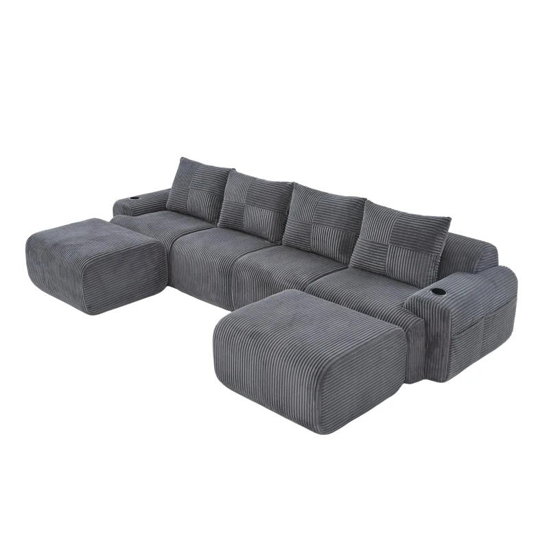 4-Seater Modular Cord Sofa with 2 Ottomans and Integrated Cup‑Holders, Corduroy Sectional Sofa for Living Rooms, 333L x 174W x 80H cm, Dark Gray