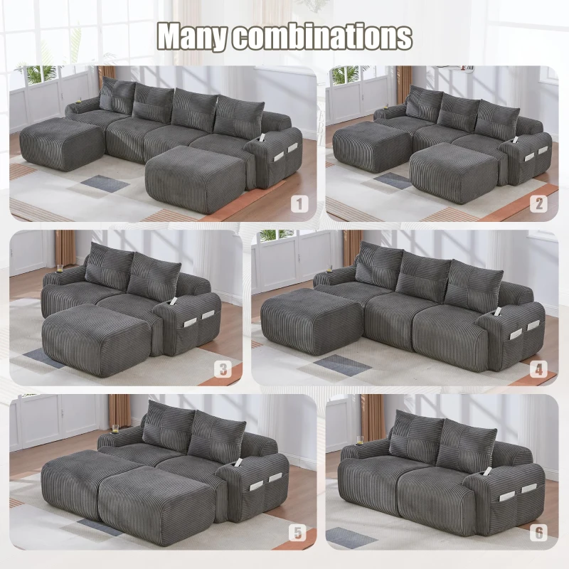 4-Seater Modular Cord Sofa with 2 Ottomans and Integrated Cup‑Holders, Corduroy Sectional Sofa for Living Rooms, 333L x 174W x 80H cm, Dark Gray