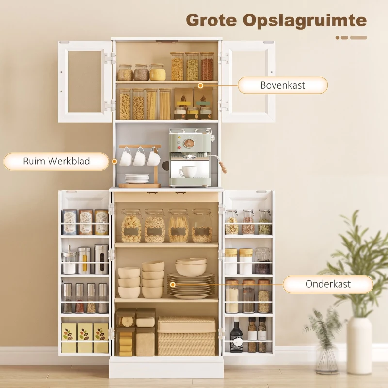 HOMCOM keukenkast met verstelbare plank en werkblad acryldeuren, 60 x 39,5 x 180 cm, wit(m-4)