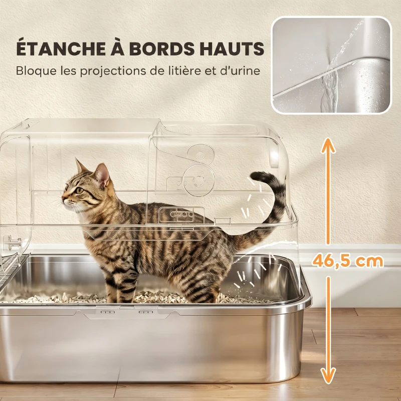 PawHut Maison de Toilette pour Chat XXL en Inox, Couvercle 90°, Double Porte, Filtre Frontal, Pelle, 70x50x46,5cm, Gris(m-5)