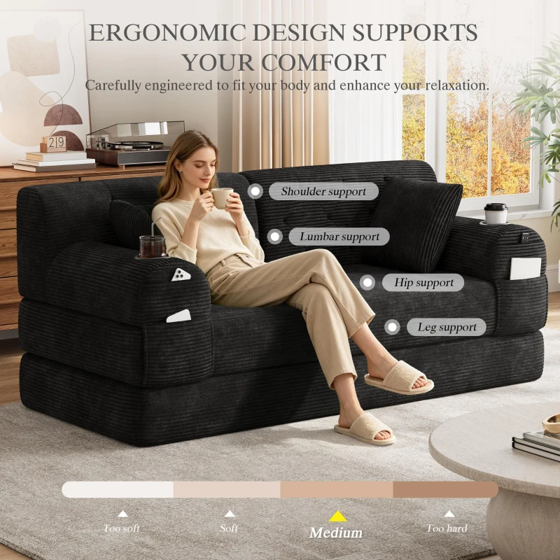Cozy Sleeper Sofa with High-Density Foam and Soft Corduroy, Convertible Couch for Living Rooms and Small Spaces, 168L x 80W x 81H cm, Black