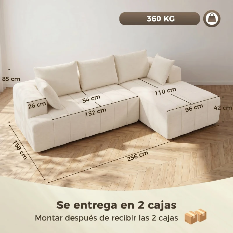 HOMCOM Sofá Esquinero 256 cm con Chaise Longue Sofá Cama 3 Plazas de Chenilla en Forma de L Asiento y Reposabrazos Anchos Beige