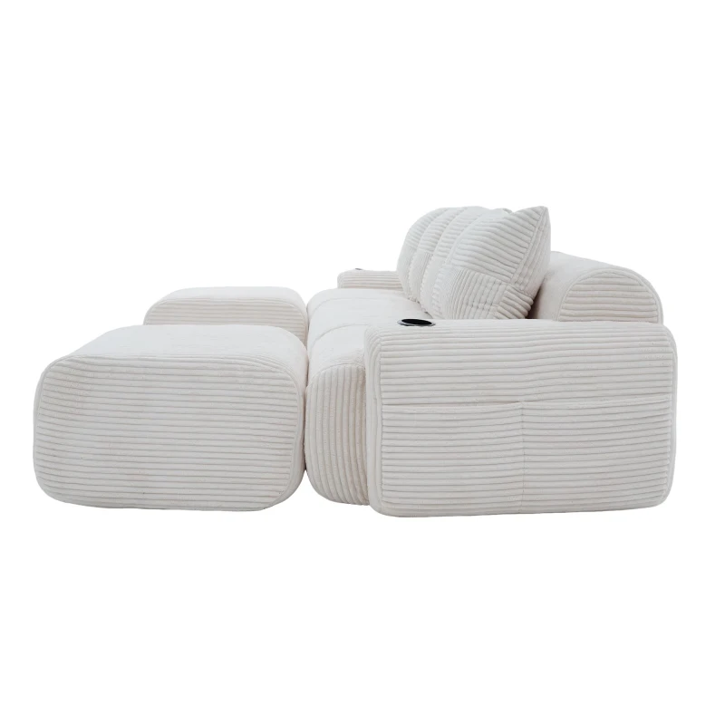 4-Seater Modular Cord Sofa with 2 Ottomans and Integrated Cup‑Holders, Corduroy Sectional Sofa for Living Rooms, 333L x 174W x 80H cm, Beige