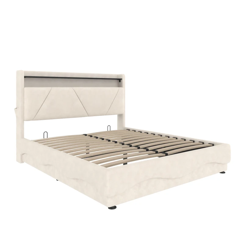 Functional Bed with Additional Under-Bed Storage, Modern Bed Frame with Wavy LED Side Lighting and USB Ports, 143L x 211W x 115.5H cm, Beige