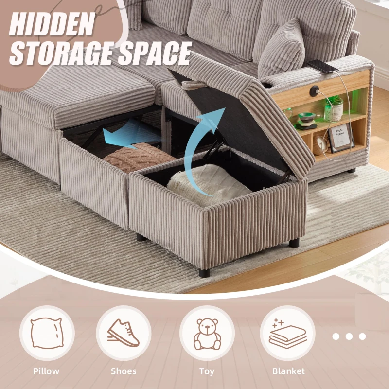 Multifunctional Corduroy Sofa Bed with Hidden Storage, LED-Lighted Guest Couch for Family Film Nights, 196L x 82W x 85H cm, Light Gray