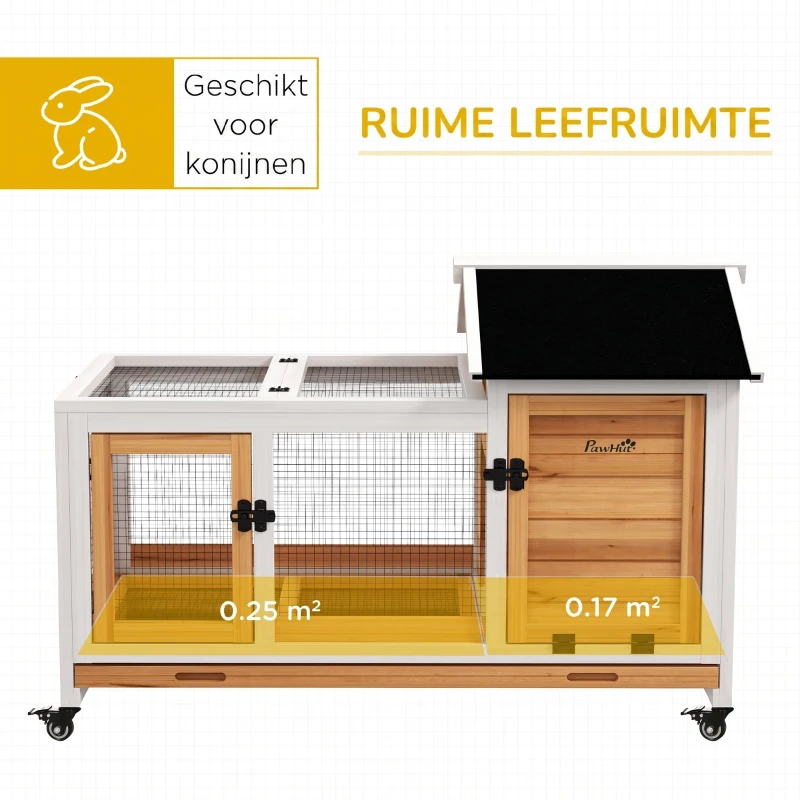 PawHut Konijnenhok voor Dwergkonijnen, Cavia's, met Wielen, 108 x 58 x 73,5 cm, Geel(m-4)