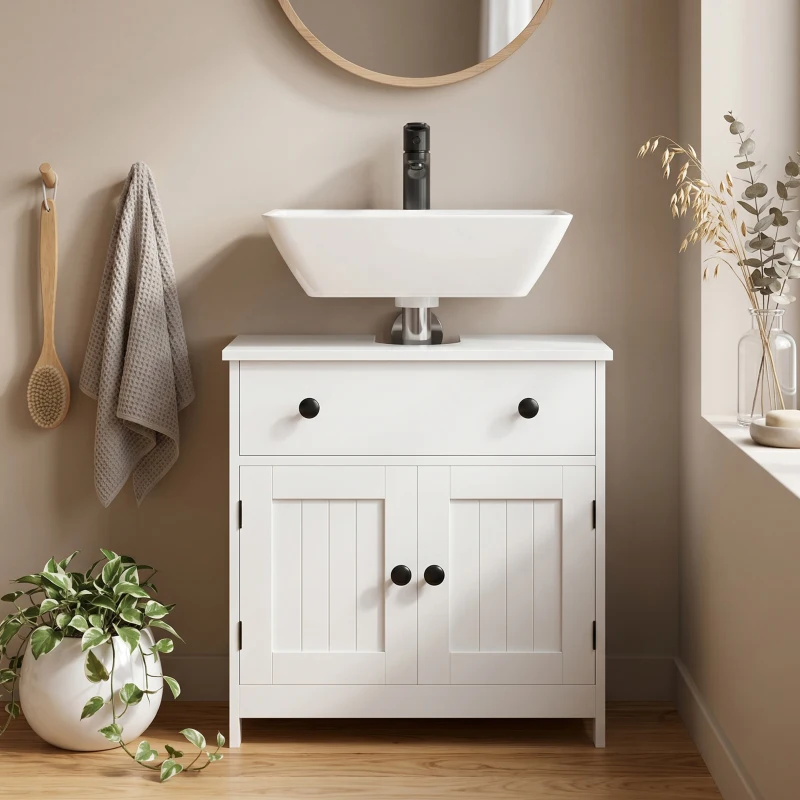 HOMCOM Meuble sous-lavabo, moderne et autoportant, avec charnières Soft-Close, tiroir et 2 portes, Blanc
