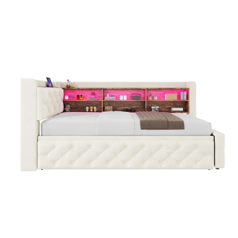Velvet Pull-Out Sofa Bed Frame with Wooden Headboard Shelf, Convertible Daybed with Lift-Up Armrest Storage, 211L x 91W x 84H cm, Beige