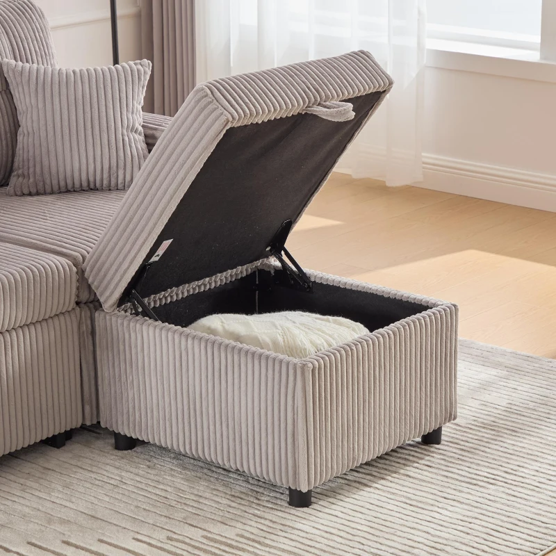 Multifunctional Corduroy Sofa Bed with Hidden Storage, LED-Lighted Guest Couch for Family Film Nights, 196L x 82W x 85H cm, Light Gray