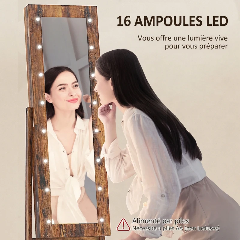 HOMCOM Armoire à bijoux armoire de rangement sur pieds boîte à bijoux avec miroir multi-rangements éclairage LED brun rustique