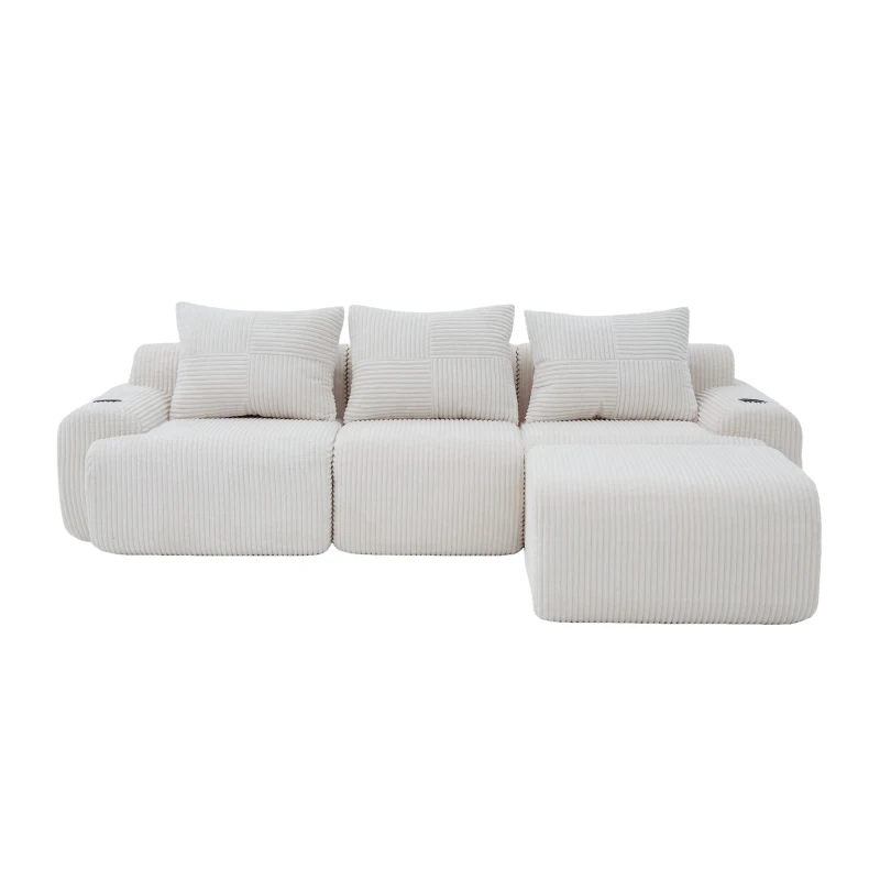 Corduroy Sectional Sofa with Built-in Cup Holders and Side Storage Pockets, 3-Seater Modular Sofa with Ottomans, 268L x 174W x 80H cm, Beige