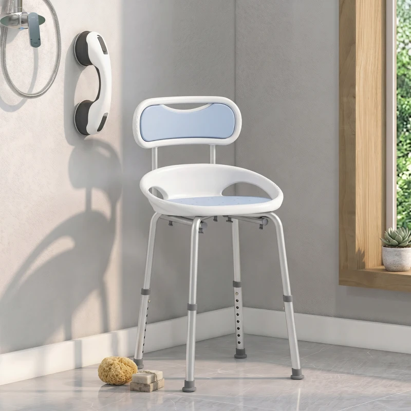 HOMCOM Sedia da Doccia con Schienale e Sedile Forato, 8 Altezza Regolabile, Antiscivolo, Portata 136kg, Azzurro