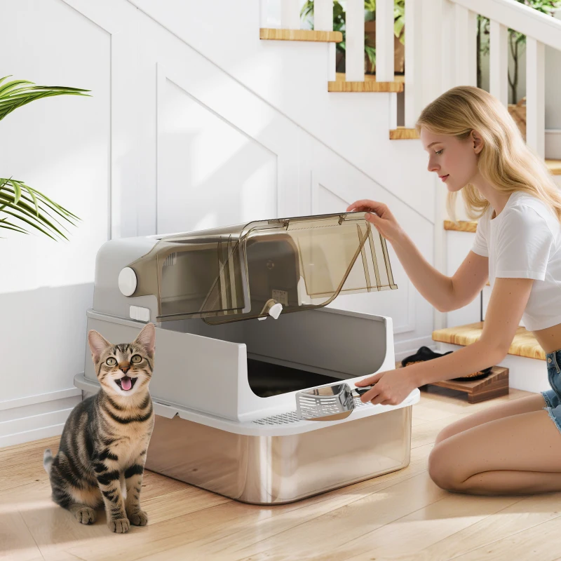 PawHut Maison de Toilette pour Chat XXL en Inox, Couvercle 90°, Double Porte, Filtre Frontal, Pelle, 70x50x46,5cm, Gris(m-15)