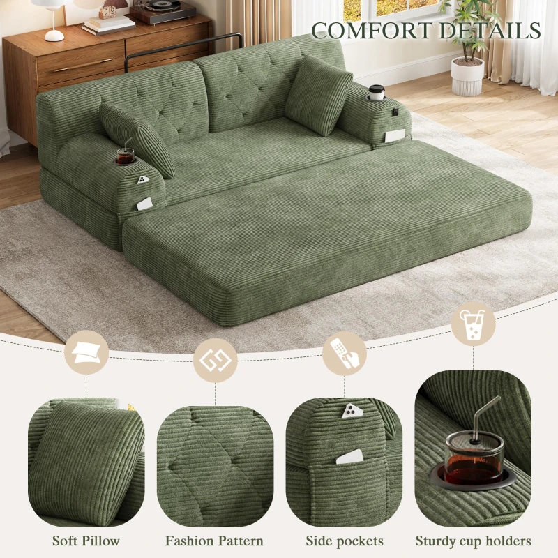 Cozy Sleeper Sofa with High-Density Foam and Soft Corduroy, Convertible Couch for Living Rooms and Small Spaces, 168L x 80W x 81H cm, Green