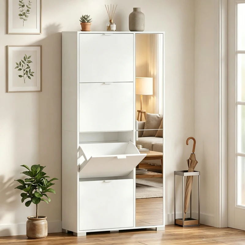 HOMCOM Meuble à chaussures 16 paires armoire à chaussures 4 tiroirs rabattables 2 portes en miroir étagères réglables blanc
