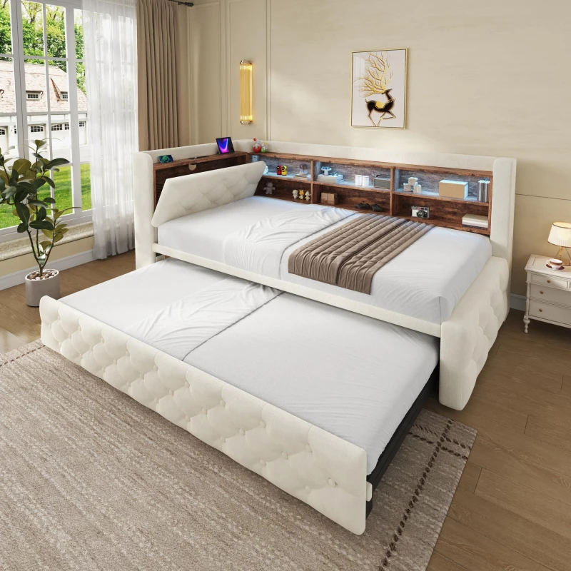 Velvet Pull-Out Sofa Bed Frame with Wooden Headboard Shelf, Convertible Daybed with Lift-Up Armrest Storage, 211L x 91W x 84H cm, Beige