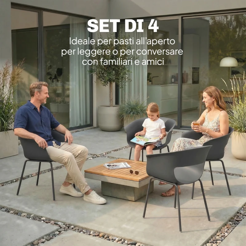 Outsunny Set 4 Sedie da Esterno Moderne con Schienale Traforato, in Metallo e Poliestere, 61x51x74 cm, Grigio Scuro