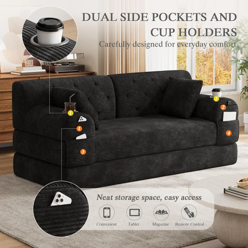 Cozy Sleeper Sofa with High-Density Foam and Soft Corduroy, Convertible Couch for Living Rooms and Small Spaces, 168L x 80W x 81H cm, Black