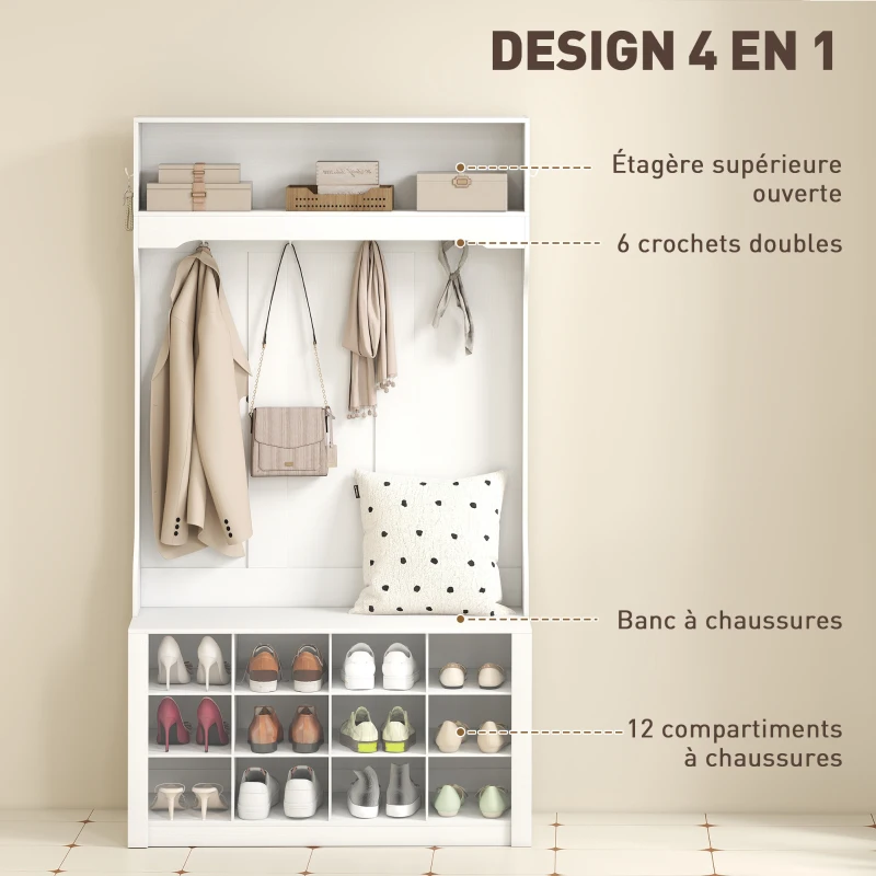 HOMCOM Porte-Manteau 4-en-1 avec Banc, Banc d'Entrée avec 12 Compartiments à Chaussures, 6 Crochets et Étagère Ouverte, Blanc