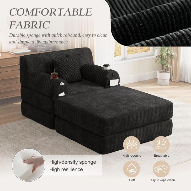 Corduroy Sleeper Chair with Ottoman and Metal Frame, Convertible 1-Seater Sofa Bed with High Backrest, 107L x 162W x 81H cm, Black