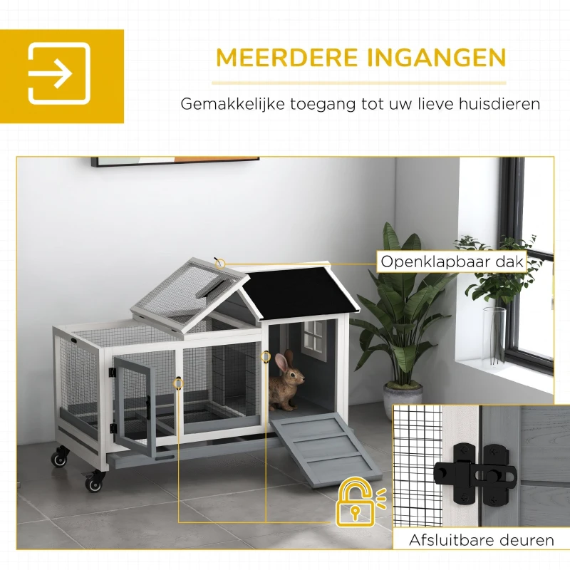 PawHut Konijnenhok, Kleine Dierenhok voor Dwergkonijnen, Cavia's, met Wielen, 108 x 58 x 73,5 cm, Grijs(m-4)