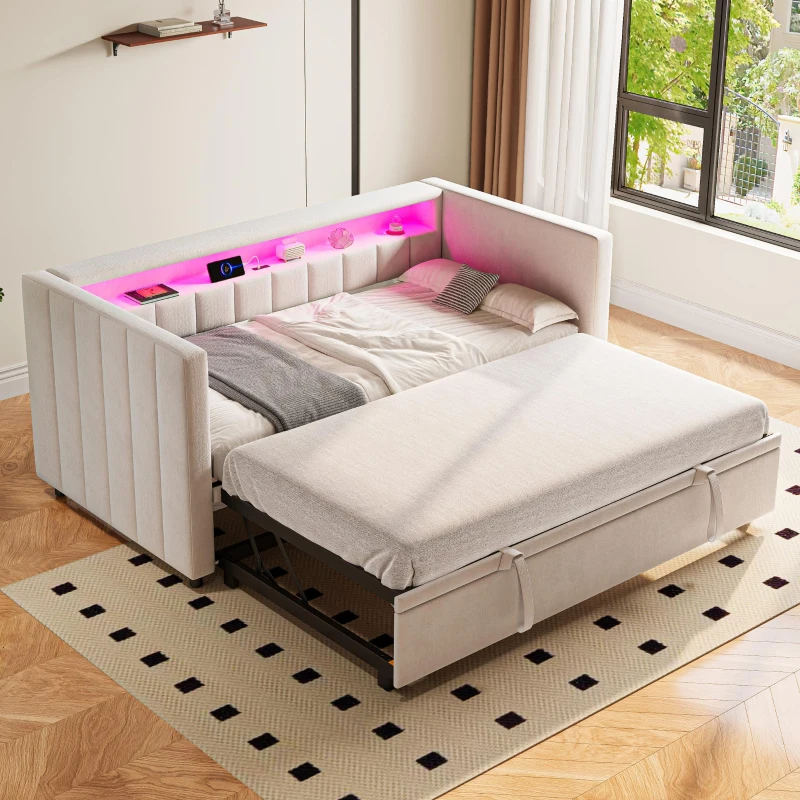 Space-Saving Sofa Bed with Pull-Out Bed, Versatile Sleeper Couch for Bedrooms, Guest Rooms, or Youth Rooms, 201L x 100W x 73H cm, Beige