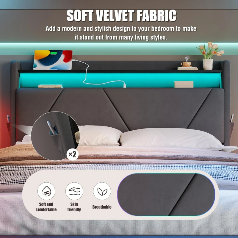 Space-Saving Upholstered Bed with Under-Bed Storage, Modern Bed Frame with Soft Velvet Fabric, 159L x 221W x 115.5H cm, Dark Gray