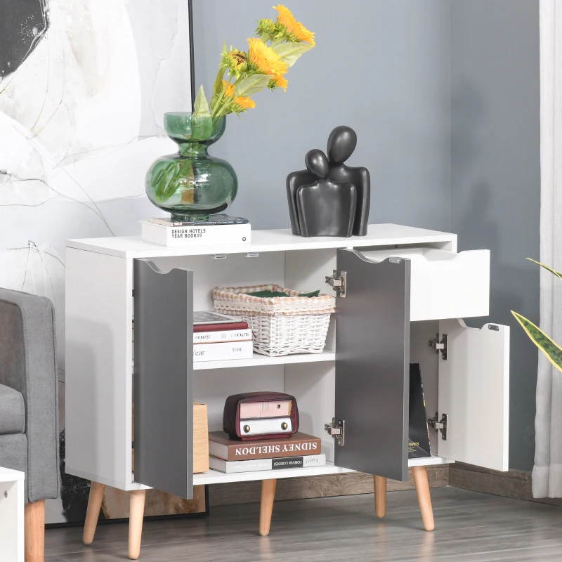 HOMCOM Aparador Móvel Auxiliar de Armazenamento com 2 Armários de Porta Gaveta Pés de Madeira 90x30x72 cm Cinza e Branco