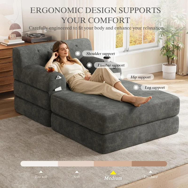 Corduroy Sleeper Chair with Ottoman and Metal Frame, Convertible 1-Seater Sofa Bed with High Backrest, 107L x 162W x 81H cm, Dark Gray