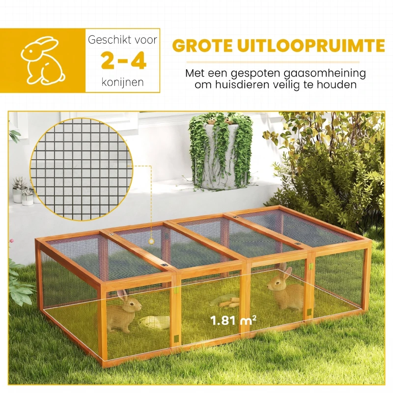 PawHut Buitenren buitenverblijf konijnenhok klein huisdier vurenhout naturel