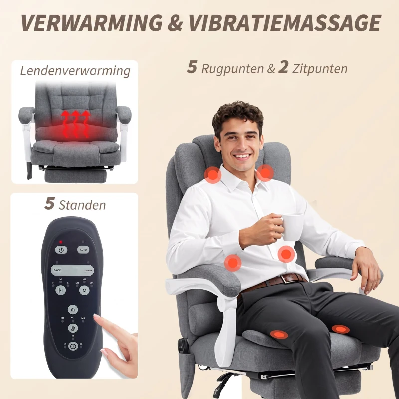 Vinsetto Ergonomische massage bureaustoel met 6 Vibratiepunten, Verstelbare Rugleuning en 360° Draaistoel Grijs(m-4)