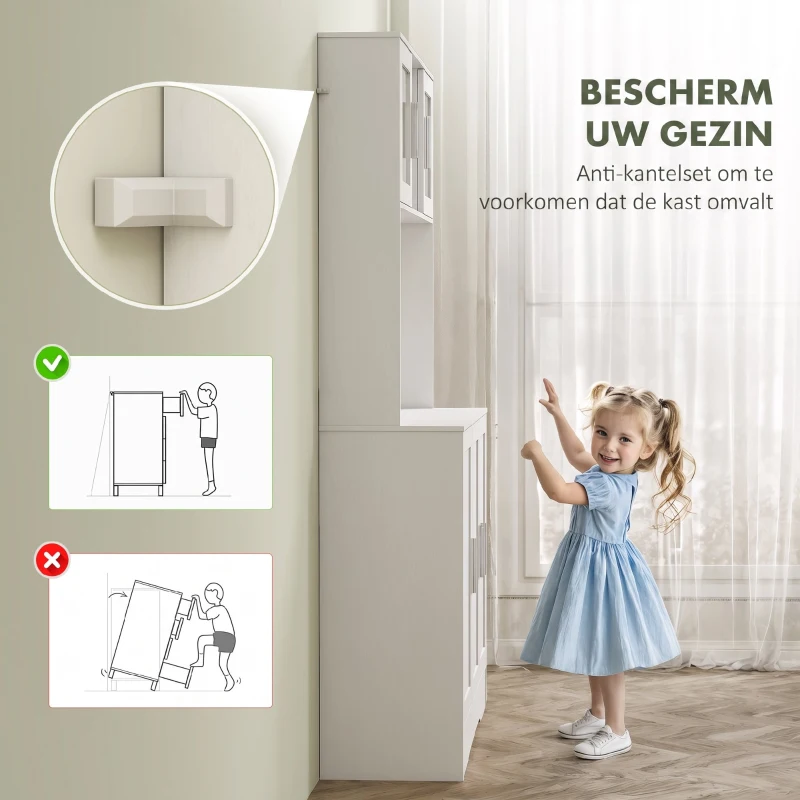 HOMCOM Keukenkast, Scandinavisch Design, 4 Kasten, Verstelbare Planken, Glazen Deuren, Open Vak, Spaanplaat, MDF, Wit(m-7)