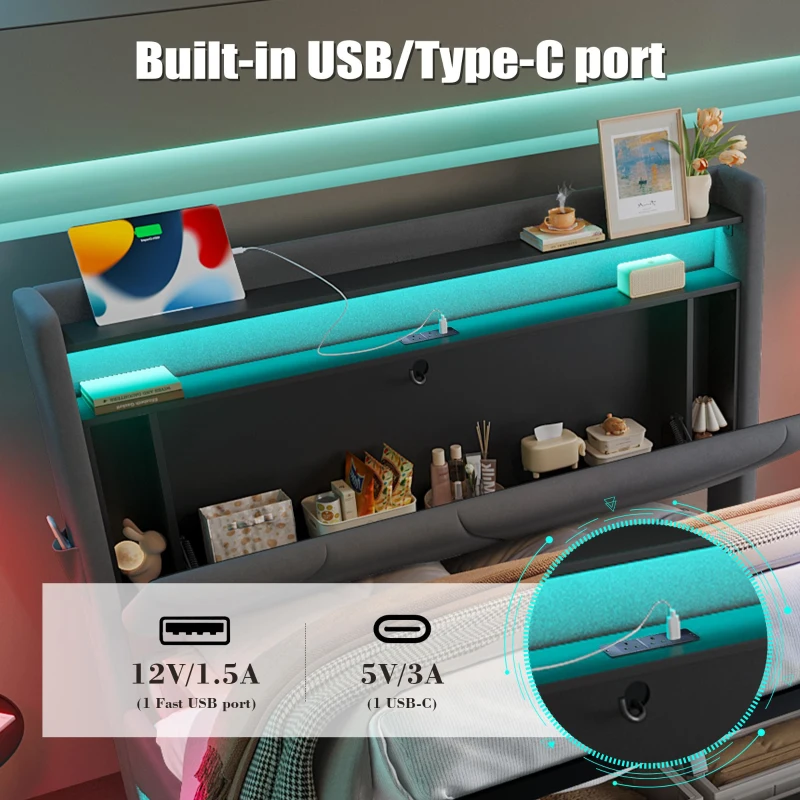 Functional Bed with Additional Under-Bed Storage, Modern Bed Frame with Wavy LED Side Lighting and USB Ports, 143L x 211W x 115.5H cm, Dark Gray
