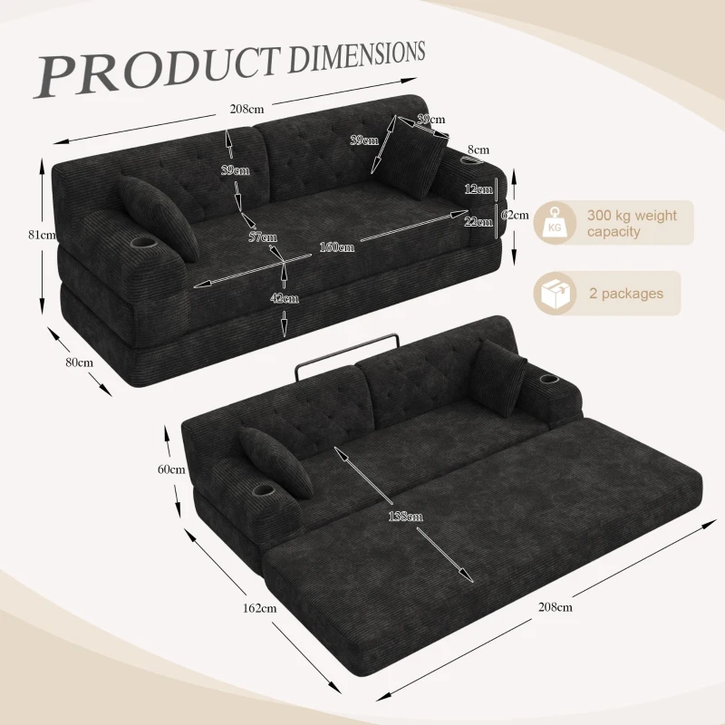 Cozy Sleeper Sofa with High-Density Foam and Soft Corduroy, Convertible Couch for Living Rooms and Small Spaces, 208L x 80W x 81H cm, Black
