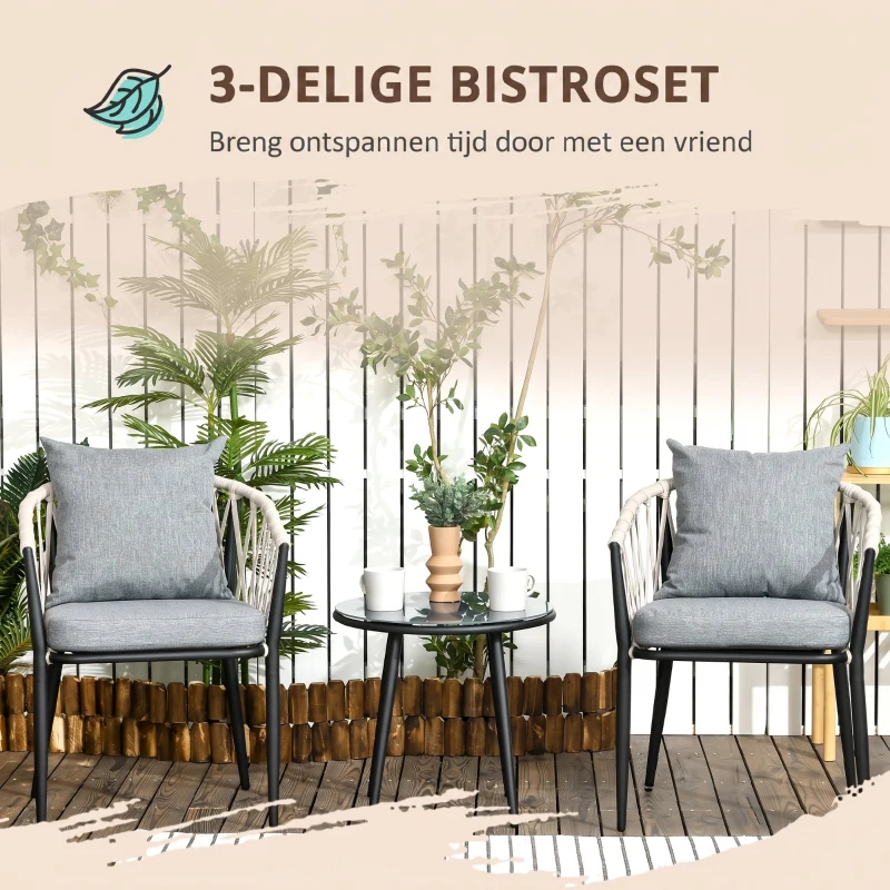Outsunny 3 delen Tuinmeubelset, balkonset incl. 1 tafel, 2 stoelen staal, grijs